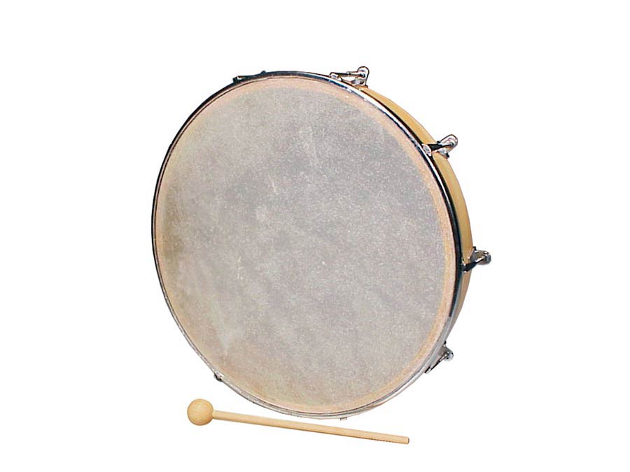 Hand drum, rawhide skin, wood, tunable, with mallet, 12