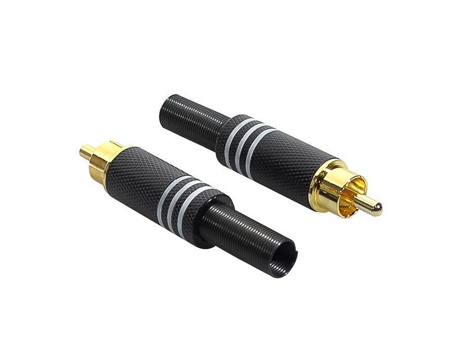 RCA plug, male, metal black, 2 pcs, spring 6,2 mm, gold contacts, black ring