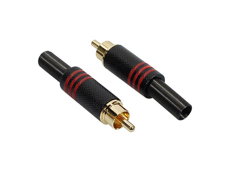 RCA plug, male, metal black, 2 pcs, spring 6,2 mm, gold contacts, red ring