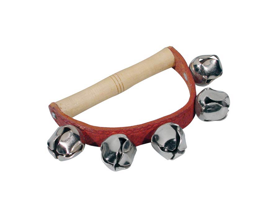 Hand jingle bells, with handle, wood and leather, 5 bells of 25 mm.