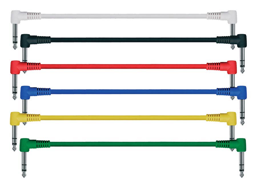 Patch cables, stereo, 6-pack, 6 colors, moulded angled jacks, 0.30 meter