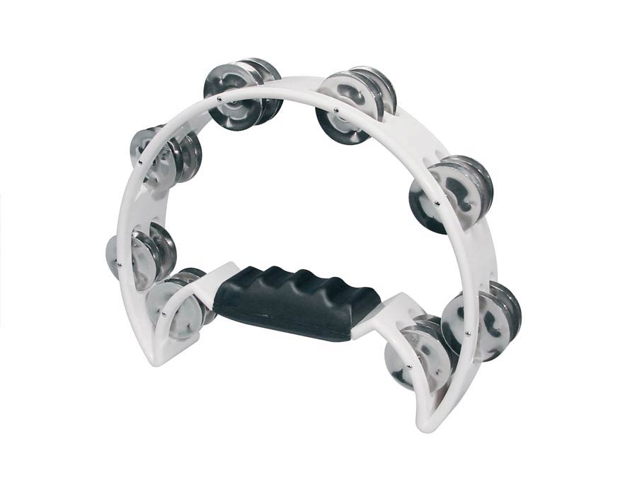 Half moon tambourine, no drum head, plastic, white