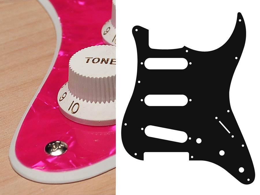 Pickguard, Stallion, standard, SSS, 3 pot holes, 3-5 switch, 2 ply, pearl pink