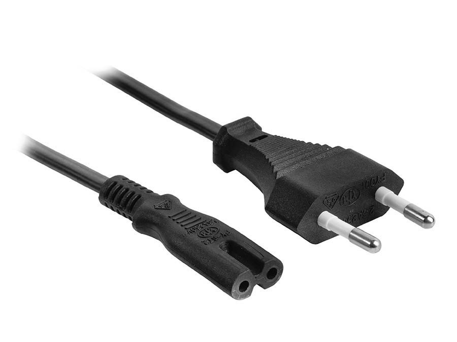 Power cable, black, 2 x 0,75mm2, euro to IEC-320-C7, 5 meter