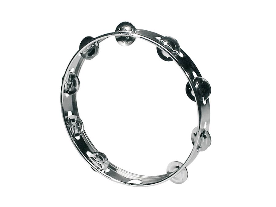 Tambourine, no drum head, chrome plated metal, 10